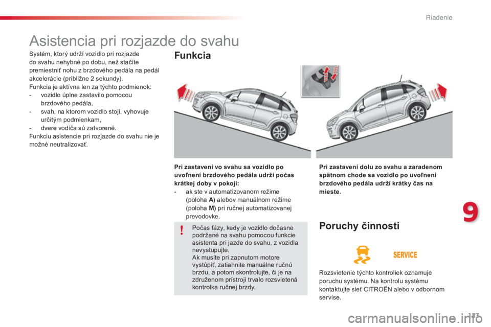 CITROEN C3 2015 Návod na použitie (in Slovak) 123
C3_sk_Chap09_Conduite_ed01-2014
C3_sk_Chap09_Conduite_ed01-2014
asistencia pri rozjazde do svahu
Systém, ktorý udrží vozidlo pri rozjazde
do svahu nehybné po dobu, než stačíte
premiestni CITROEN C3 2015 Návod na použitie (in Slovak) 123
C3_sk_Chap09_Conduite_ed01-2014
C3_sk_Chap09_Conduite_ed01-2014
asistencia pri rozjazde do svahu
Systém, ktorý udrží vozidlo pri rozjazde
do svahu nehybné po dobu, než stačíte
premiestni
