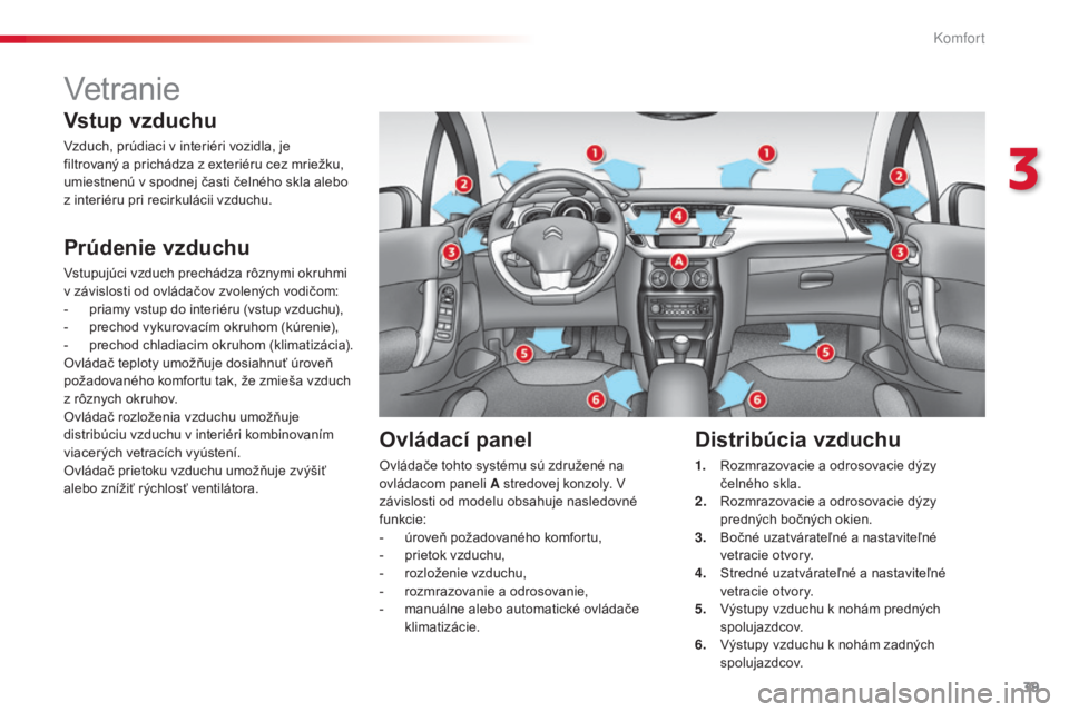 CITROEN C3 2015 Návod na použitie (in Slovak) 39
C3_sk_Chap03_Confort_ed01-2014
vetranie
Vstup vzduchu
vzduch, prúdiaci v interiéri vozidla, je
f iltrovaný a prichádza z exteriéru cez mriežku,
umiestnenú v spodnej časti čelného skla a CITROEN C3 2015 Návod na použitie (in Slovak) 39
C3_sk_Chap03_Confort_ed01-2014
vetranie
Vstup vzduchu
vzduch, prúdiaci v interiéri vozidla, je
f iltrovaný a prichádza z exteriéru cez mriežku,
umiestnenú v spodnej časti čelného skla a