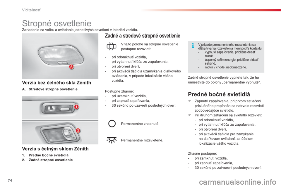 CITROEN C3 2015 Návod na použitie (in Slovak) 74
C3_sk_Chap05_visibilite_ed01-2014
Verzia s čelným sklom Zénith
1. Predné bočné svietidlá
2. Z
adné stropné osvetlenie
Zadné a stredové stropné osvetlenie
Verzia bez čelného skla Zéni CITROEN C3 2015 Návod na použitie (in Slovak) 74
C3_sk_Chap05_visibilite_ed01-2014
Verzia s čelným sklom Zénith
1. Predné bočné svietidlá
2. Z
adné stropné osvetlenie
Zadné a stredové stropné osvetlenie
Verzia bez čelného skla Zéni