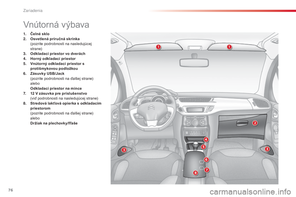 CITROEN C3 2015 Návod na použitie (in Slovak) 76
C3_sk_Chap06_amenagement_ed01-2014
vnútorná výbava
1. Čelné sklo
2. O
svetlená príručná skrinka
(
pozrite podrobnosti na nasledujúcej
st r a n e)
3.
O
dkladací priestor vo dverách CITROEN C3 2015 Návod na použitie (in Slovak) 76
C3_sk_Chap06_amenagement_ed01-2014
vnútorná výbava
1. Čelné sklo
2. O
svetlená príručná skrinka
(
pozrite podrobnosti na nasledujúcej
st r a n e)
3.
O
dkladací priestor vo dverách