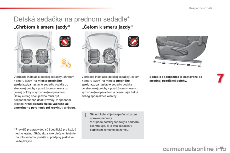 CITROEN C3 2015 Návod na použitie (in Slovak) 85
C3_sk_Chap07_Securite-enfants_ed01-2014
„Čelom k smeru jazdy“
v prípade inštalácie detskej sedačky „čelom
k s meru jazdy“ na miesto predného
spolujazdca nastavte sedadlo vozidla
CITROEN C3 2015 Návod na použitie (in Slovak) 85
C3_sk_Chap07_Securite-enfants_ed01-2014
„Čelom k smeru jazdy“
v prípade inštalácie detskej sedačky „čelom
k s meru jazdy“ na miesto predného
spolujazdca nastavte sedadlo vozidla