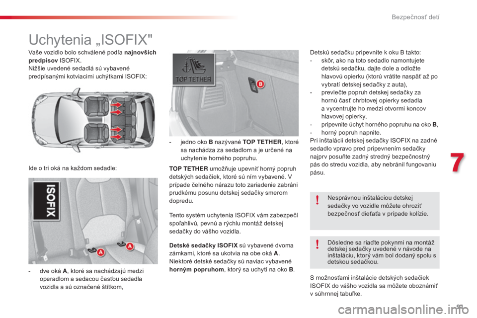 CITROEN C3 2015 Návod na použitie (in Slovak) 91
C3_sk_Chap07_Securite-enfants_ed01-2014
vaše vozidlo bolo schválené podľa najnovších
predpisov ISOFIX.
Nižšie uvedené sedadlá sú vybavené
predpísanými kotviacimi uchýtkami ISOFIX:
CITROEN C3 2015 Návod na použitie (in Slovak) 91
C3_sk_Chap07_Securite-enfants_ed01-2014
vaše vozidlo bolo schválené podľa najnovších
predpisov ISOFIX.
Nižšie uvedené sedadlá sú vybavené
predpísanými kotviacimi uchýtkami ISOFIX: