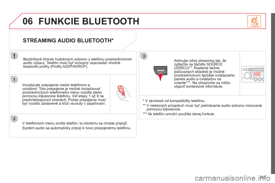 CITROEN C3 2014  Návod na použitie (in Slovak) 06
263
   
Inicializujte prepojenie medzi telefónom a
vozidlom. Toto prepojenie je možné inicializovaťprostredníctvom telefónneho menu vozidla alebo pomocou klávesnice telefónu. Viď etapy 1 a