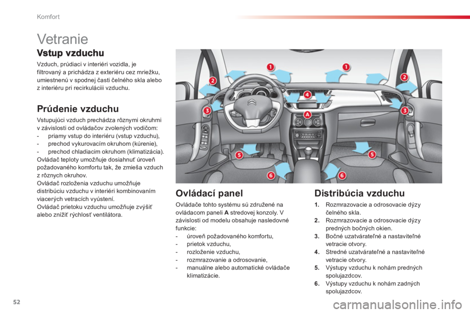 CITROEN C3 2014  Návod na použitie (in Slovak) Komfor t
52
   
 
 
 
 
 
 
 
Vet r anie  
Vzduch, prúdiaci v interiéri vozidla, je
filtrovaný a prichádza z exteriéru cez mriežku, 
umiestnenú v spodnej časti čelného skla alebo
z interiér