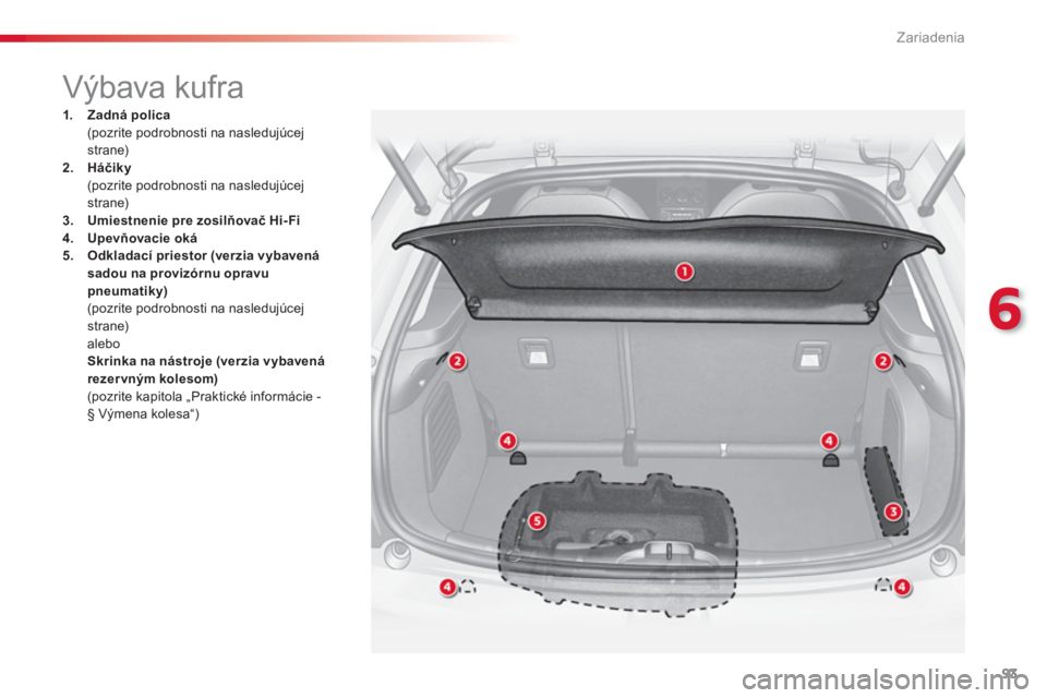 CITROEN C3 2014  Návod na použitie (in Slovak) 6
Zariadenia
93
   
 
 
 
 
 
 
 
Výbava kufra 
1.Zadná polica 
 (pozrite podrobnosti na nasledujúcej strane)2.Háčiky 
 (pozrite podrobnosti na nasledujúcej strane)3.Umiestnenie pre zosilňovač