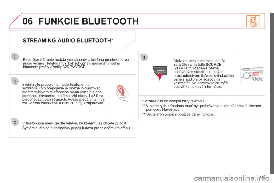 CITROEN C3 2013  Návod na použitie (in Slovak) 225
1
2
3
SOURCE
06
   
Inicializujte prepojenie medzi telefónom a
vozidlom. Toto prepojenie je možné inicializovaťprostredníctvom telefónneho menu vozidla alebo pomocou klávesnice telefónu. V