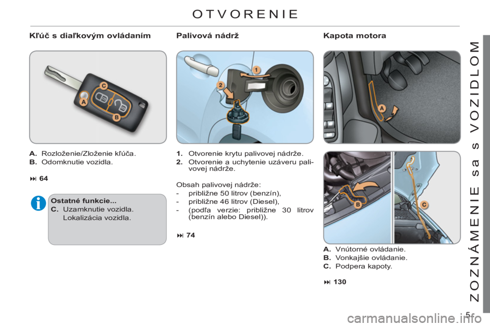 CITROEN C3 2013  Návod na použitie (in Slovak) 5
ZOZNÁMENIE sa s VOZIDLOM
   
Kľúč s diaľkovým ovládaním Palivová nádrž
 
 
 
1. 
  Otvorenie krytu palivovej nádrže. 
   
2. 
  Otvorenie a uchytenie uzáveru pali-
vovej nádrže.     