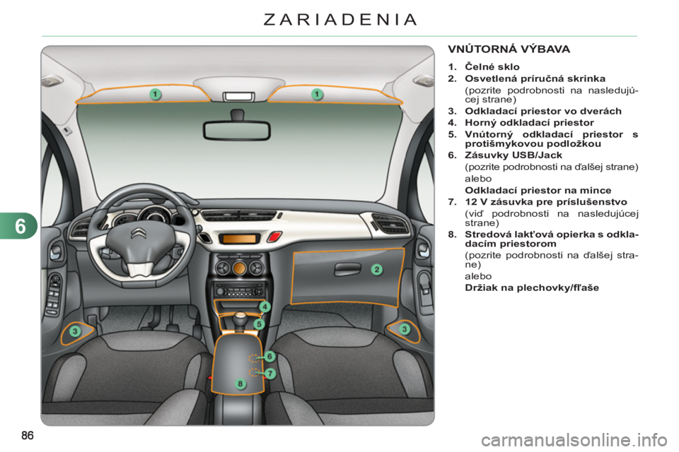 CITROEN C3 2013 Návod na použitie (in Slovak) 6
ZARIADENIA
VNÚTORNÁ VÝBAVA
1.
Čelné sklo
2.
Osvetlená príručná skrinka
(pozrite podrobnosti na nasledujú-
cej strane)
3.
Odkladací priestor vo dverách CITROEN C3 2013 Návod na použitie (in Slovak) 6
ZARIADENIA
VNÚTORNÁ VÝBAVA
1.
Čelné sklo
2.
Osvetlená príručná skrinka
(pozrite podrobnosti na nasledujú-
cej strane)
3.
Odkladací priestor vo dverách