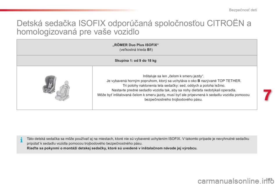 CITROEN C3 PICASSO 2015 Návod na použitie (in Slovak) 103
C3Picasso_sk_Chap07_securite-enfants_ed01-2014
Detská sedačka ISOFIX odporúčaná spoločnosťou CItrO ËN a
homologizovaná pre vaše vozidlo
„RÖMER Duo Plus ISOFIX“
(veľkostná tried CITROEN C3 PICASSO 2015 Návod na použitie (in Slovak) 103
C3Picasso_sk_Chap07_securite-enfants_ed01-2014
Detská sedačka ISOFIX odporúčaná spoločnosťou CItrO ËN a
homologizovaná pre vaše vozidlo
„RÖMER Duo Plus ISOFIX“
(veľkostná tried