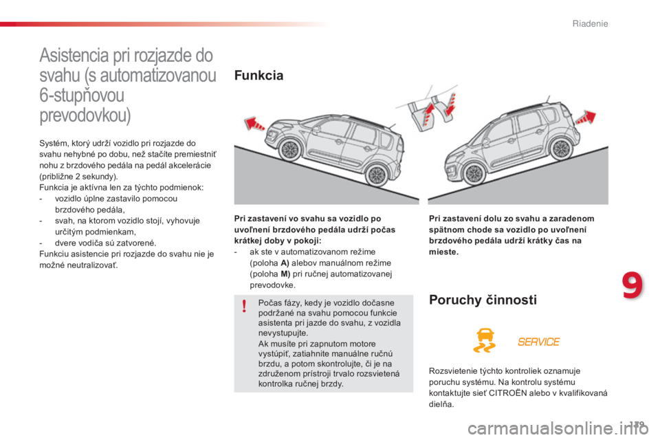CITROEN C3 PICASSO 2015  Návod na použitie (in Slovak) 129
C3Picasso_sk_Chap09_conduite_ed01-2014
asistencia pri rozjazde do 
s vahu (s   automatizovanou 
6 -stupňovou  
prevodovkou)
Systém, ktorý udrží vozidlo pri rozjazde do 
svahu nehybné po dobu