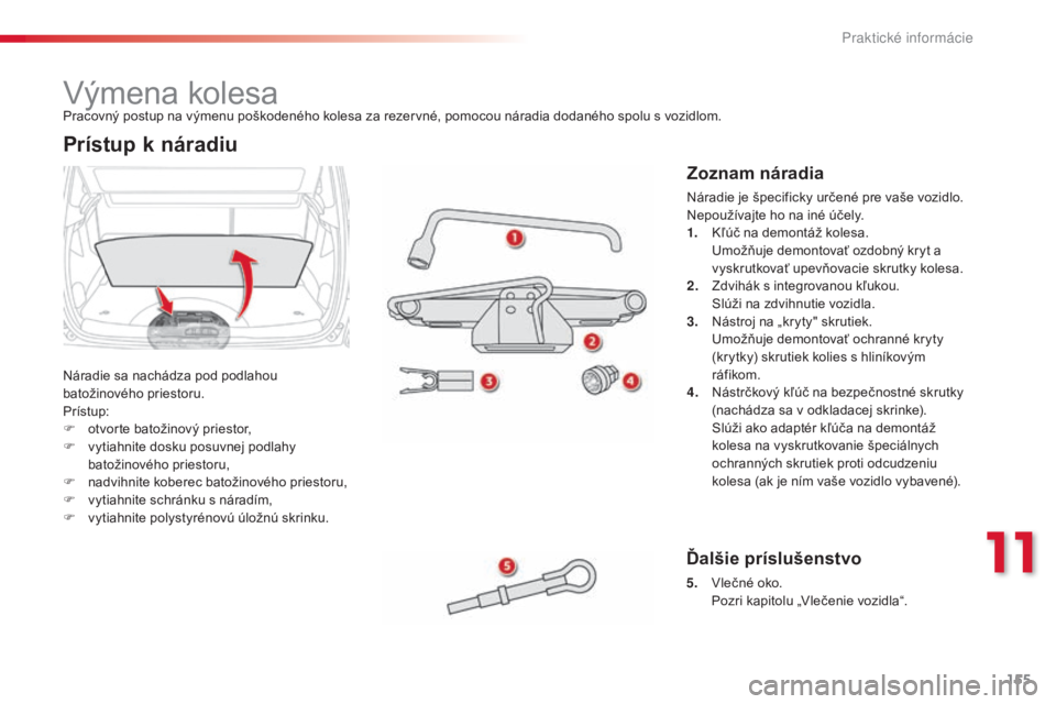 CITROEN C3 PICASSO 2015  Návod na použitie (in Slovak) 155
C3Picasso_sk_Chap11_informations-pratiques_ed01-2014
výmena kolesa
Náradie sa nachádza pod podlahou 
batožinového priestoru.
Prístup:
F 
o
 tvorte batožinový priestor,
F
 
v
 ytiahnite dos