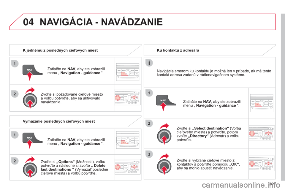 CITROEN C3 PICASSO 2015  Návod na použitie (in Slovak) 04
209
C3Picasso_sk_Chap13b_rt6-2-8_ed01-2014
K jednému z posledných cieľových miestZatlačte na N AV , aby ste zobrazili 
menu „ Navigation - guidance  “.
Zvoľte si požadované cieľové mi