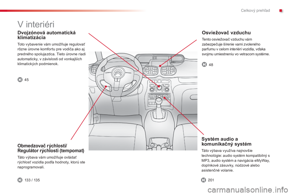 CITROEN C3 PICASSO 2015  Návod na použitie (in Slovak) 5
C3Picasso_sk_Chap00b_vue-ensemble_ed01-2014
Dvojzónová automatická 
klimatizácia
toto vybavenie vám umožňuje regulovať 
rôzne úrovne komfortu pre vodiča ako aj 
predného spolujazdca. t
i