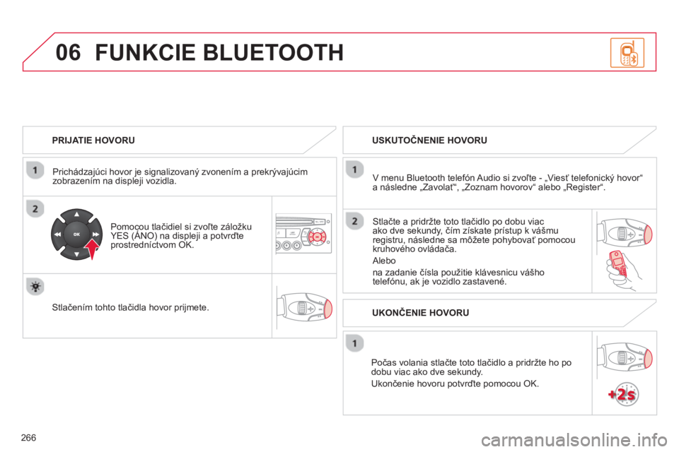 CITROEN C3 PICASSO 2014 Návod na použitie (in Slovak) 266
06
PRIJATIE HOVORU
Prichádza
júci hovor je signalizovaný zvonením a prekrývajúcimzobrazením na displeji vozidla.
P
omocou tlačidiel si zvoľte záložkuYES (ÁNO) na displeji CITROEN C3 PICASSO 2014 Návod na použitie (in Slovak) 266
06
PRIJATIE HOVORU
Prichádza
júci hovor je signalizovaný zvonením a prekrývajúcimzobrazením na displeji vozidla.
P
omocou tlačidiel si zvoľte záložkuYES (ÁNO) na displeji