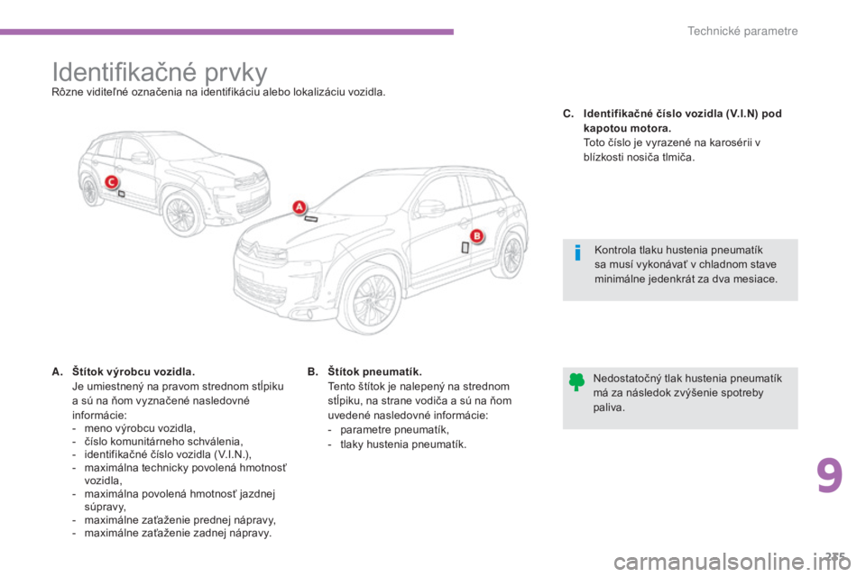 CITROEN C4 AIRCROSS 2016 Návod na použitie (in Slovak) 235
C4-aircross_sk_Chap09_caracteristiques-techniques_ed01-2014
Identifikačné prvkyrôzne viditeľné označenia na identifikáciu alebo lokalizáciu vozidla.
A.
Št
ítok výrobcu vozidla.
J
e CITROEN C4 AIRCROSS 2016 Návod na použitie (in Slovak) 235
C4-aircross_sk_Chap09_caracteristiques-techniques_ed01-2014
Identifikačné prvkyrôzne viditeľné označenia na identifikáciu alebo lokalizáciu vozidla.
A.
Št
ítok výrobcu vozidla.
J
e