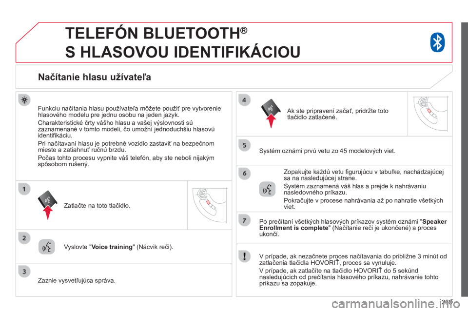CITROEN C4 AIRCROSS 2016 Návod na použitie (in Slovak) 239
TELEFóN BLUETOOTH®
S
HLASOVOU
IDENTIFIKÁCIOU
Načítanie hlasu užívateľa
Funkciu načítania hlasu používateľa môžete použiť pre vytvorenie
hlasového modelu pre jednu osobu n CITROEN C4 AIRCROSS 2016 Návod na použitie (in Slovak) 239
TELEFóN BLUETOOTH®
S
HLASOVOU
IDENTIFIKÁCIOU
Načítanie hlasu užívateľa
Funkciu načítania hlasu používateľa môžete použiť pre vytvorenie
hlasového modelu pre jednu osobu n