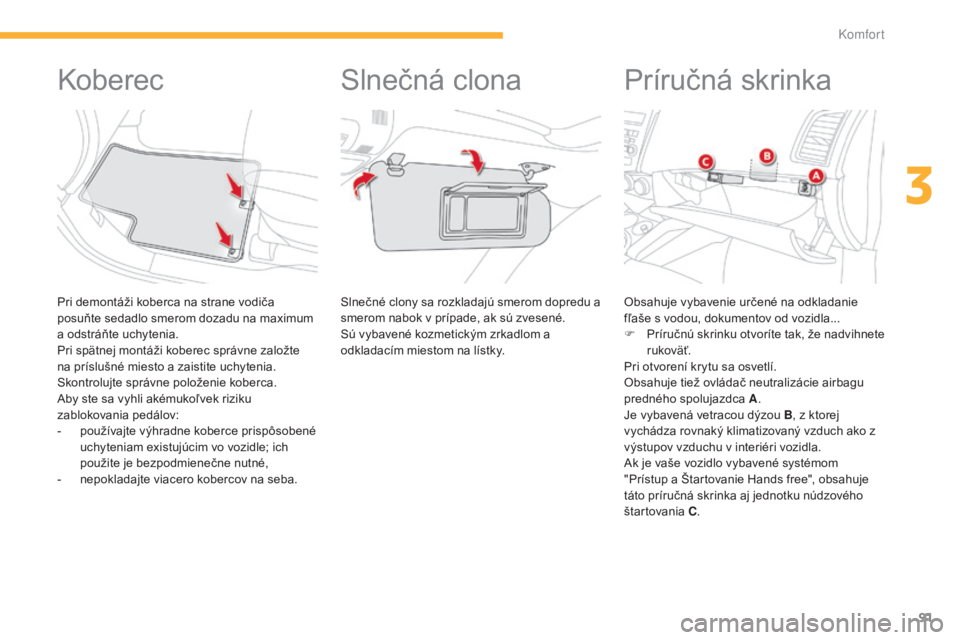 CITROEN C4 AIRCROSS 2016  Návod na použitie (in Slovak) 91
C4-aircross_sk_Chap03_confort_ed01-2014
koberec
Pri demontáži koberca na strane vodiča 
posuňte sedadlo smerom dozadu na maximum 
a odstráňte uchytenia.
Pri spätnej montáži koberec správn