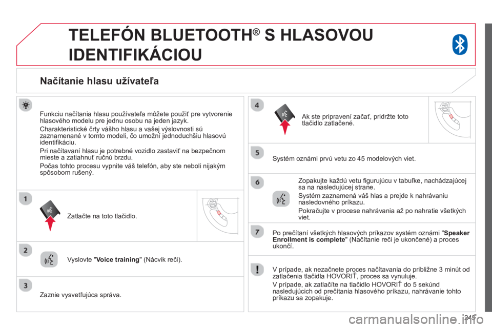 CITROEN C4 AIRCROSS 2014  Návod na použitie (in Slovak) 245
   
 
 
 
TELEFÓN BLUETOOTH ® 
 S HLASOVOU 
IDENTIFIKÁCIOU 
   
 
 
 
 
 
 
 
Načítanie hlasu užívateľa 
 
 
Funkciu načítania hlasu používateľa môžete použiť pre vytvorenie 
hlas