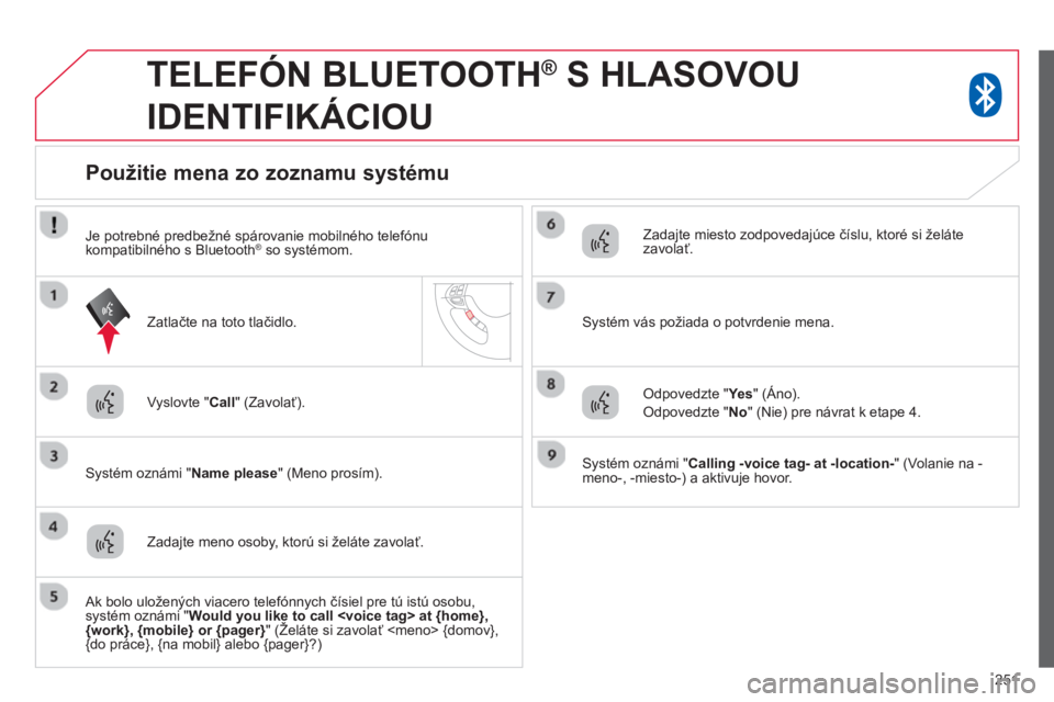 CITROEN C4 AIRCROSS 2014 Návod na použitie (in Slovak) 251
TELEFÓN BLUETOOTH ®
S HLASOVOU
IDENTIFIKÁCIOU
Vyslovte " Call
" (Zavolať).
Systém oznámi " Name please
" (Meno prosím).
Použitie mena zo zoz CITROEN C4 AIRCROSS 2014 Návod na použitie (in Slovak) 251
TELEFÓN BLUETOOTH ®
S HLASOVOU
IDENTIFIKÁCIOU
Vyslovte " Call
" (Zavolať).
Systém oznámi " Name please
" (Meno prosím).
Použitie mena zo zoz
