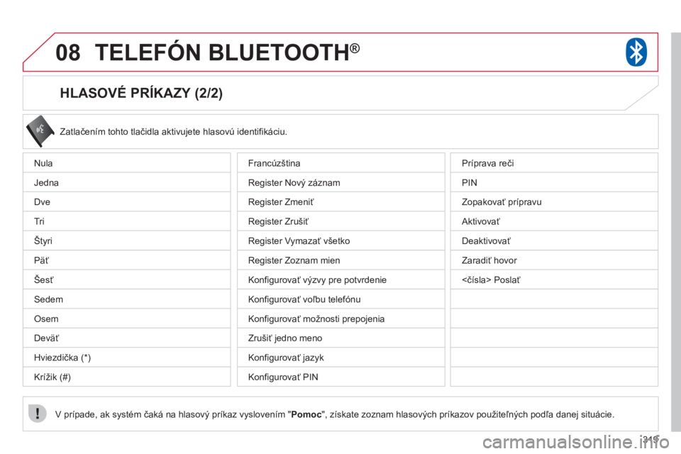 CITROEN C4 AIRCROSS 2013 Návod na použitie (in Slovak) 319
08TELEFÓN BLUETOOTH ®
HLASOVÉ PRÍKAZY (2/2)
Zatlačením tohto tlačidla aktivujete hlasovú identifikáciu.
V prípade, ak systém čaká na hlasový príkaz vyslovením "
Pomoc
", z CITROEN C4 AIRCROSS 2013 Návod na použitie (in Slovak) 319
08TELEFÓN BLUETOOTH ®
HLASOVÉ PRÍKAZY (2/2)
Zatlačením tohto tlačidla aktivujete hlasovú identifikáciu.
V prípade, ak systém čaká na hlasový príkaz vyslovením "
Pomoc
", z