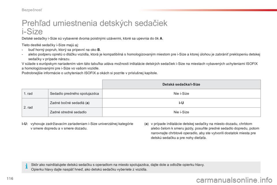 CITROEN C4 CACTUS 2018 Návod na použitie (in Slovak) 116
C4-cactus_sk_Chap05_securite_ed01-2016
Prehľad umiestnenia detských sedačiek
i-Size
Detské sedačky i-Size sú vybavené dvoma poistnými uzávermi, ktoré sa upevnia do ôk A.
i- U:
vyh
CITROEN C4 CACTUS 2018 Návod na použitie (in Slovak) 116
C4-cactus_sk_Chap05_securite_ed01-2016
Prehľad umiestnenia detských sedačiek
i-Size
Detské sedačky i-Size sú vybavené dvoma poistnými uzávermi, ktoré sa upevnia do ôk A.
i- U:
vyh