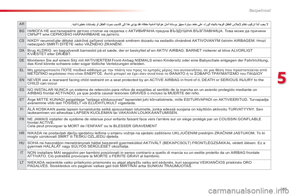CITROEN C4 CACTUS 2016  Návod na použitie (in Slovak) 105
AR
BG
НИКОГА НЕ инсталирайте детско столче на седалка с АКТИВИРАНА предна ВЪЗДУШНА ВЪЗГЛАВНИЦ А. Това може да