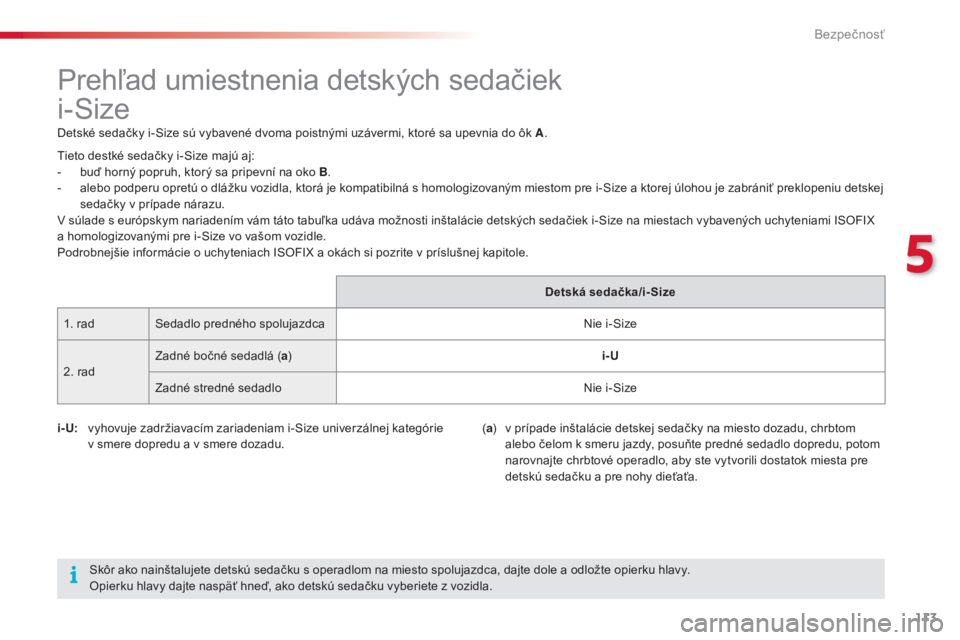 CITROEN C4 CACTUS 2016 Návod na použitie (in Slovak) 113
C4-cactus_sk_Chap05_securite_ed01-2015
Prehľad umiestnenia detských sedačiek
i-Size
Detské sedačky i-Size sú vybavené dvoma poistnými uzávermi, ktoré sa upevnia do ôk A.
i- U:
v
CITROEN C4 CACTUS 2016 Návod na použitie (in Slovak) 113
C4-cactus_sk_Chap05_securite_ed01-2015
Prehľad umiestnenia detských sedačiek
i-Size
Detské sedačky i-Size sú vybavené dvoma poistnými uzávermi, ktoré sa upevnia do ôk A.
i- U:
v