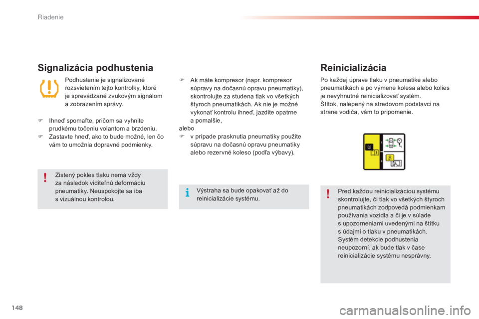 CITROEN C4 CACTUS 2016  Návod na použitie (in Slovak) 148
C4-cactus_sk_Chap06_conduite_ed01-2015
Signalizácia podhusteniaReinicializácia
Pred každou reinicializáciou systému 
skontrolujte, či tlak vo všetkých štyroch 
pneumatikách zodpovedá po