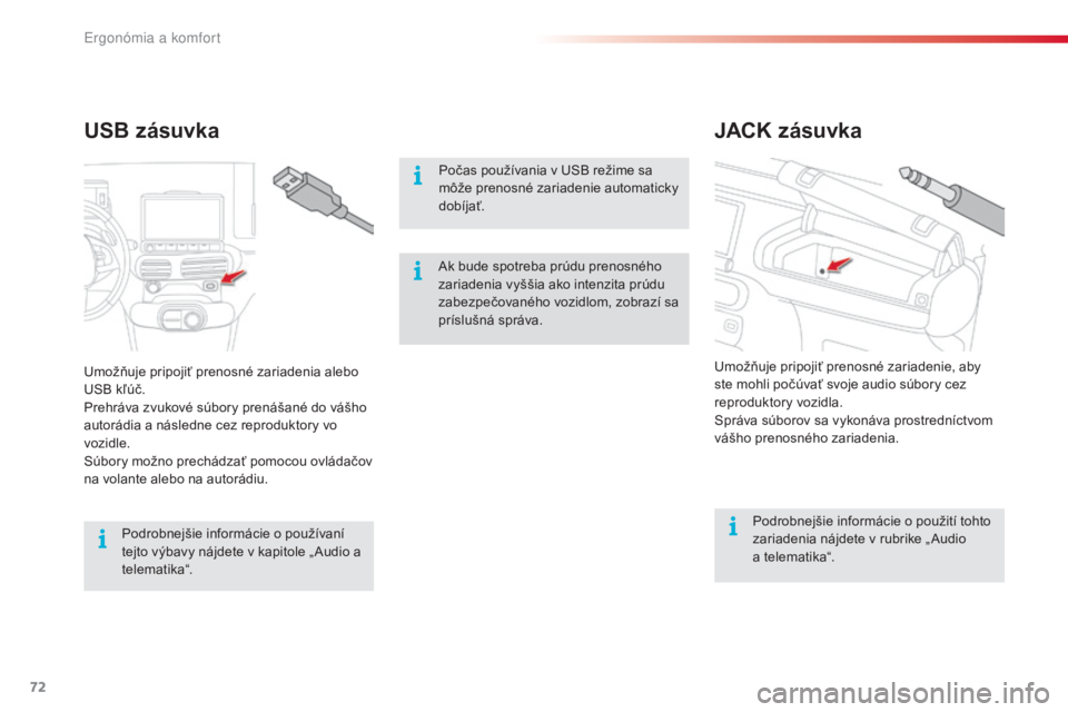 CITROEN C4 CACTUS 2016  Návod na použitie (in Slovak) 72
C4-cactus_sk_Chap03_Ergonomie-et-confort_ed01-2015
JACK zásuvka
USB zásuvka
Počas používania v USB režime sa 
môže prenosné zariadenie automaticky 
dobíjať.
Podrobnejšie informácie o p