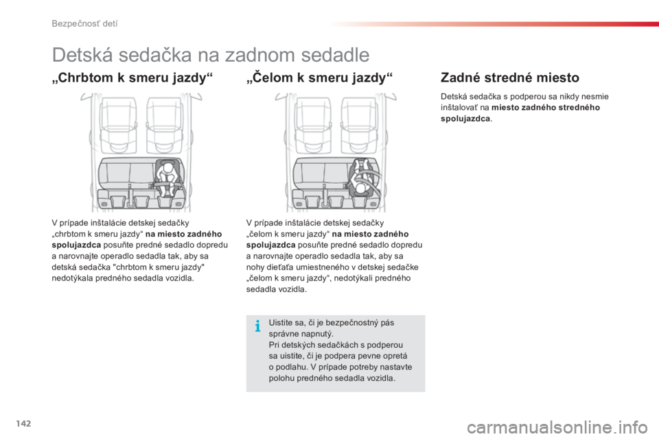 CITROEN C4 CACTUS 2015  Návod na použitie (in Slovak) 142
C4-cactus_sk_Chap08_securite-enfants_ed02-2014
Detská sedačka na zadnom sedadle
„Chrbtom k smeru jazdy“
v prípade inštalácie detskej sedačky 
„ chrbtom k smeru jazdy“ na miesto zadn