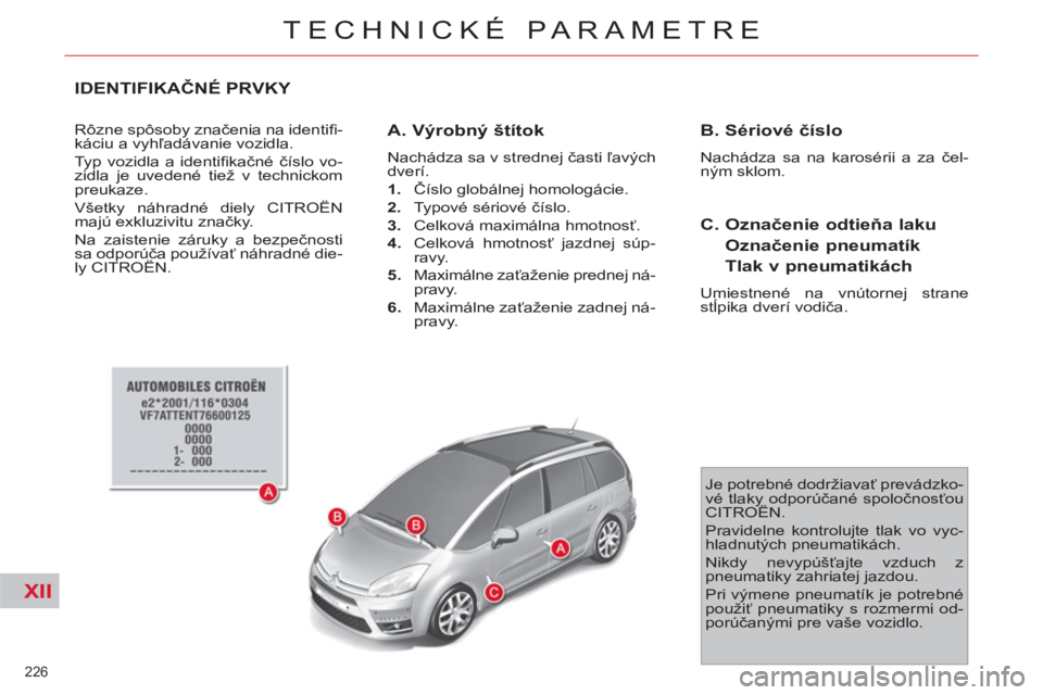 CITROEN C4 PICASSO 2013 Návod na použitie (in Slovak) XII
226
TECHNICKÉ PARAMETRE
IDENTIFIKAČN CITROEN C4 PICASSO 2013 Návod na použitie (in Slovak) XII
226
TECHNICKÉ PARAMETRE
IDENTIFIKAČN