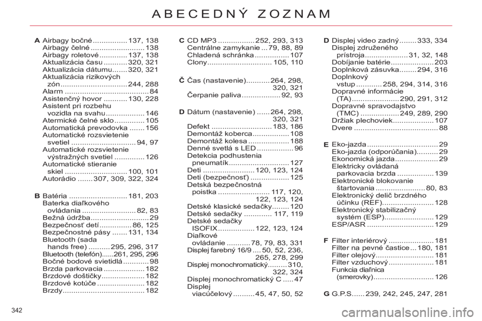 CITROEN C4 PICASSO 2013  Návod na použitie (in Slovak) 342 
ABECEDNÝ ZOZNAM
Airbagy bočné................ 137,138Airbagy čelné......................... 138Airbagy roletové ............. 137,138Aktualizácia času...........320,321Aktualizácia dátu