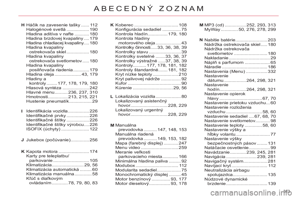 CITROEN C4 PICASSO 2013  Návod na použitie (in Slovak) 343 
ABECEDNÝ ZOZNAM
Kapota motora ....................... 174Karty pre teleplatbu/parkovanie ........................... 105Klimatizácia ........................29,56Klimatizácia automatická.....