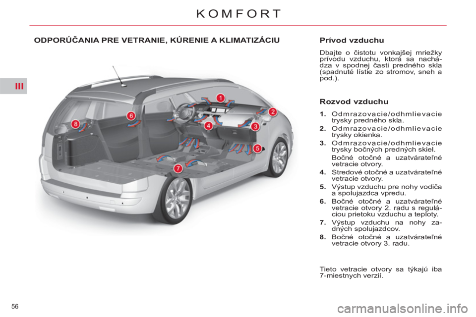 CITROEN C4 PICASSO 2013  Návod na použitie (in Slovak) III
56 
KOMFORT
ODPORÚČANIA PRE VETRANIE, KÚRENIE A KLIMATIZÁCIU    
Prívod vzduchu 
 
Dbajte o čistotu vonkajšej mriežky 
prívodu vzduchu, ktorá sa nachá-
dza v spodnej časti predného sk