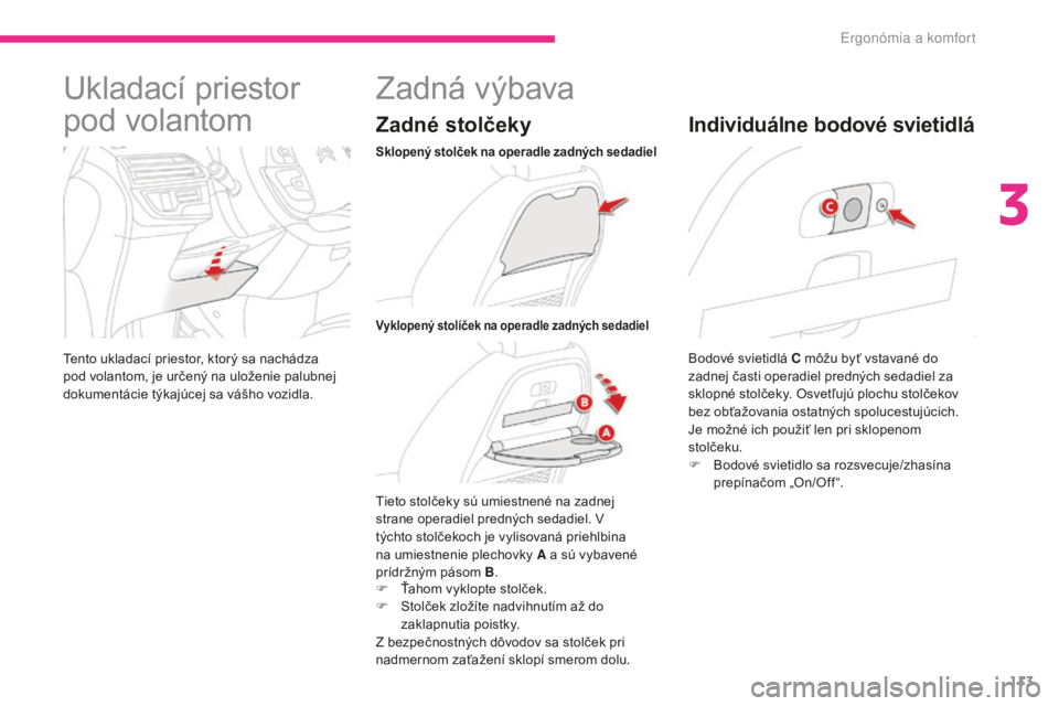 CITROEN C4 SPACETOURER 2018  Návod na použitie (in Slovak) 113
C4-Picasso-II_sk_Chap03_ergonomie-confort_ed02-2016
Ukladací priestor 
pod volantom
Tento ukladací priestor, ktorý sa nachádza 
pod volantom, je určený na uloženie palubnej 
dokumentácie t
