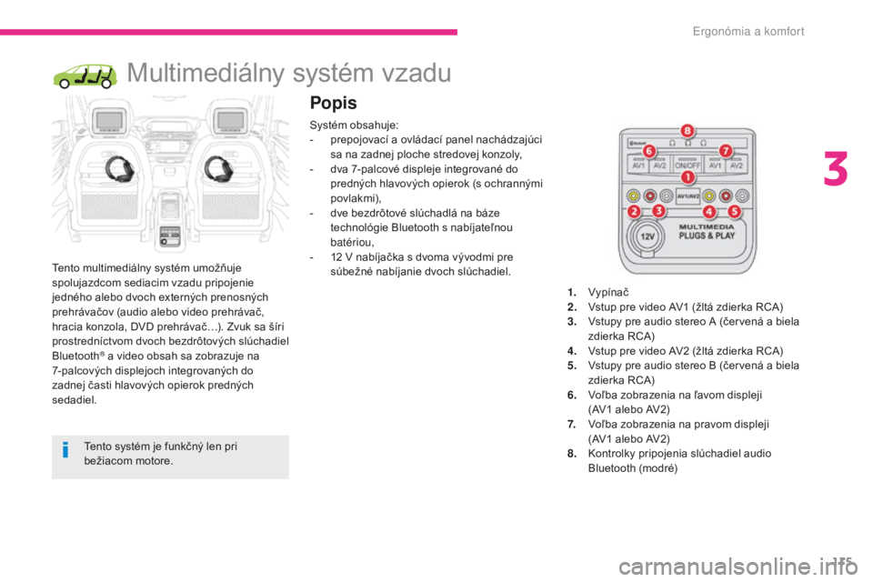 CITROEN C4 SPACETOURER 2018  Návod na použitie (in Slovak) 115
C4-Picasso-II_sk_Chap03_ergonomie-confort_ed02-2016
Multimediálny systém vzadu
Tento multimediálny systém umožňuje 
spolujazdcom sediacim vzadu pripojenie 
jedného alebo dvoch externých pr