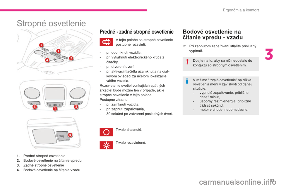 CITROEN C4 SPACETOURER 2018  Návod na použitie (in Slovak) 123
C4-Picasso-II_sk_Chap03_ergonomie-confort_ed02-2016
Stropné osvetlenie
1. Predné stropné osvetlenie
2. Bodové osvetlenie na čítanie vpredu
3.
 Z

adné stropné osvetlenie
4.
 B

odové osve