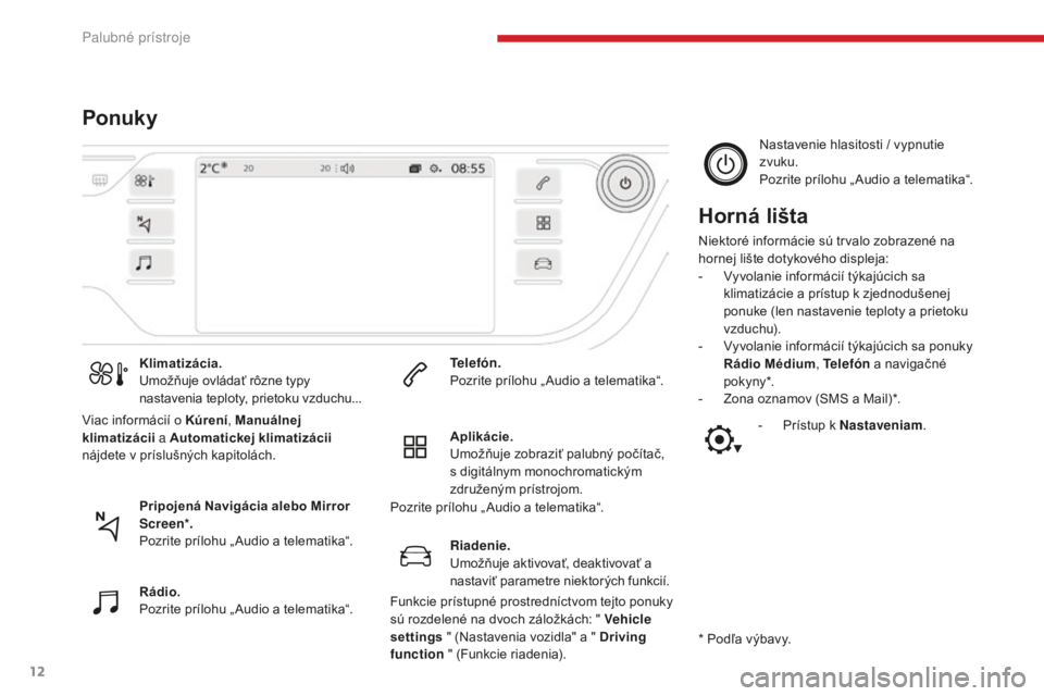 CITROEN C4 SPACETOURER 2018  Návod na použitie (in Slovak) 12
C4-Picasso-II_sk_Chap01_instruments-bord_ed02-2016
PonukyHorná lišta
Niektoré informácie sú trvalo zobrazené na 
hornej lište dotykového displeja:
- 
V
 yvolanie informácií týkajúcich s