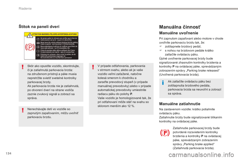CITROEN C4 SPACETOURER 2018  Návod na použitie (in Slovak) 134
C4-Picasso-II_sk_Chap04_conduite_ed02-2016
Štítok na paneli dverí
Skôr ako opustíte vozidlo, skontrolujte, 
či je zatiahnutá parkovacia brzda: 
na združenom prístroji a páke musia 
nepre