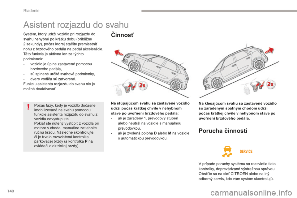 CITROEN C4 SPACETOURER 2018 Návod na použitie (in Slovak) 140
C4-Picasso-II_sk_Chap04_conduite_ed02-2016
Asistent rozjazdu do svahu
Systém, ktorý udrží vozidlo pri rozjazde do
svahu nehybné po krátku dobu (približne
2 sekundy), počas ktorej stač CITROEN C4 SPACETOURER 2018 Návod na použitie (in Slovak) 140
C4-Picasso-II_sk_Chap04_conduite_ed02-2016
Asistent rozjazdu do svahu
Systém, ktorý udrží vozidlo pri rozjazde do
svahu nehybné po krátku dobu (približne
2 sekundy), počas ktorej stač