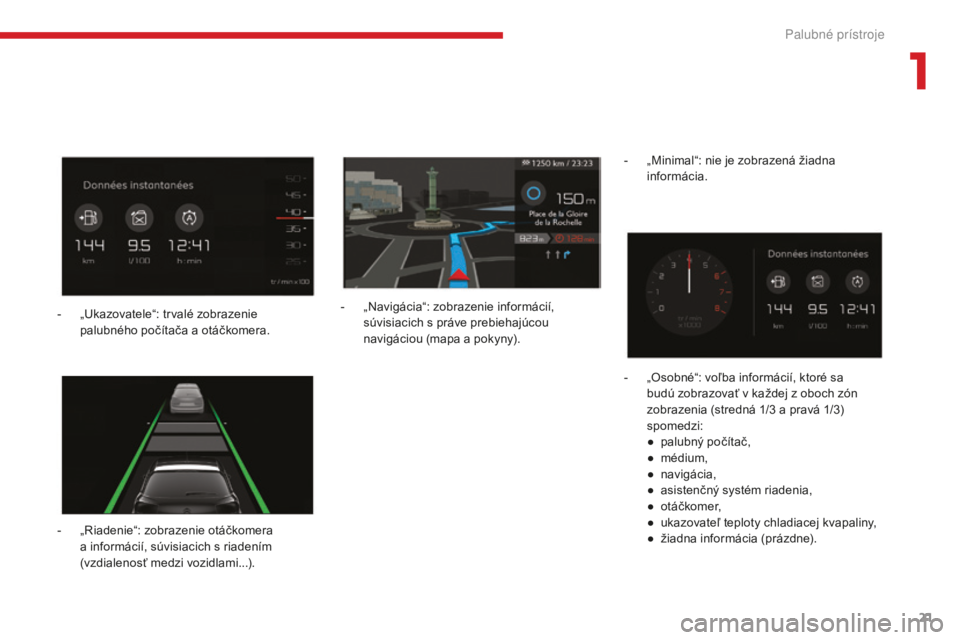 CITROEN C4 SPACETOURER 2018  Návod na použitie (in Slovak) 21
C4-Picasso-II_sk_Chap01_instruments-bord_ed02-2016
- „Riadenie“: zobrazenie otáčkomera a informácií, súvisiacich s riadením 
(vzdialenosť medzi vozidlami...). -
 
„
 Navigácia“: zob