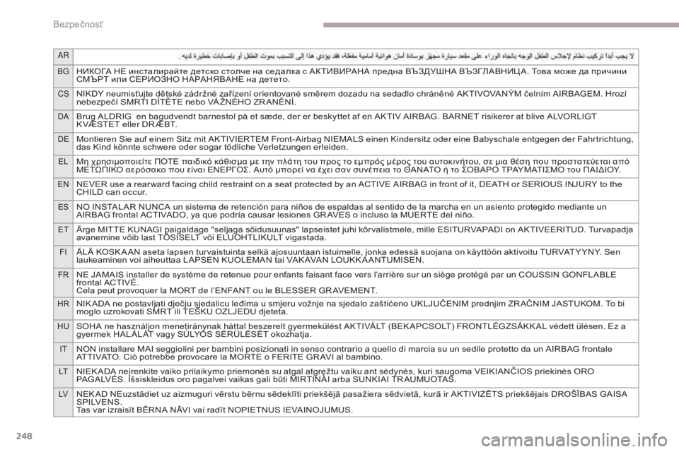 CITROEN C4 SPACETOURER 2018  Návod na použitie (in Slovak) 248
AR
BG
НИКОГА НЕ инсталирайте детско столче на седалка с АКТИВИРАНА предна ВЪЗДУШНА ВЪЗГЛАВНИЦ А. Това може да