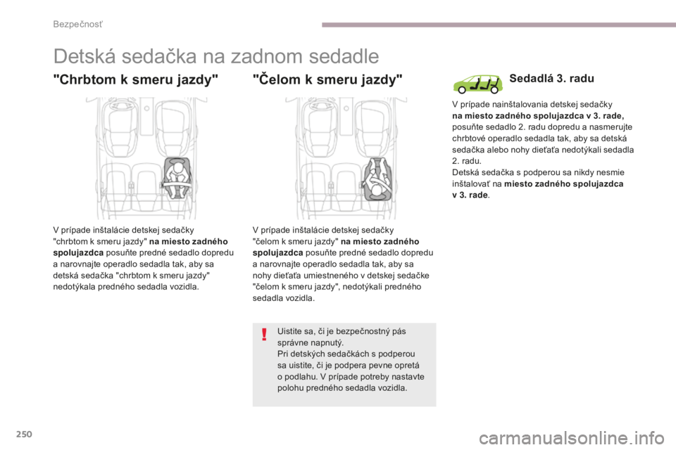 CITROEN C4 SPACETOURER 2018 Návod na použitie (in Slovak) 250
C4-Picasso-II_sk_Chap06_securite_ed02-2016
Detská sedačka na zadnom sedadle
"Chrbtom k smeru jazdy"
V prípade inštalácie detskej sedačky
"chrbtom k smeru jazdy" na miesto za CITROEN C4 SPACETOURER 2018 Návod na použitie (in Slovak) 250
C4-Picasso-II_sk_Chap06_securite_ed02-2016
Detská sedačka na zadnom sedadle
"Chrbtom k smeru jazdy"
V prípade inštalácie detskej sedačky
"chrbtom k smeru jazdy" na miesto za