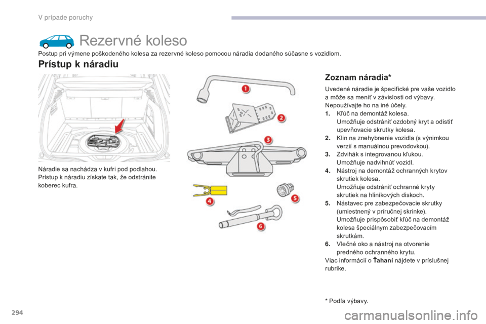 CITROEN C4 SPACETOURER 2018 Návod na použitie (in Slovak) 294
C4-Picasso-II_sk_Chap08_en-cas-panne_ed02-2016
Rezervné koleso
Náradie sa nachádza v kufri pod podlahou.
Prístup k náradiu získate tak, že odstránite
koberec kufra.
Prístup k náradiu
Zo CITROEN C4 SPACETOURER 2018 Návod na použitie (in Slovak) 294
C4-Picasso-II_sk_Chap08_en-cas-panne_ed02-2016
Rezervné koleso
Náradie sa nachádza v kufri pod podlahou.
Prístup k náradiu získate tak, že odstránite
koberec kufra.
Prístup k náradiu
Zo