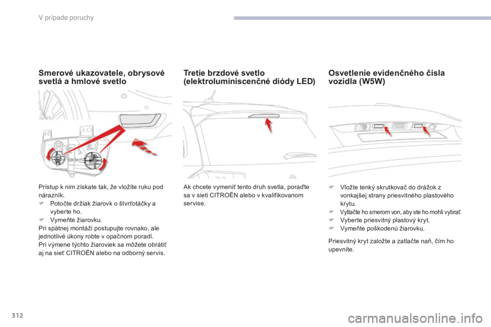 CITROEN C4 SPACETOURER 2018  Návod na použitie (in Slovak) 312
C4-Picasso-II_sk_Chap08_en-cas-panne_ed02-2016
Smerové ukazovatele, obrysové 
svetlá a hmlové svetlo
Prístup k nim získate tak, že vložíte ruku pod 
nárazník.
F 
P
 otočte držiak žia