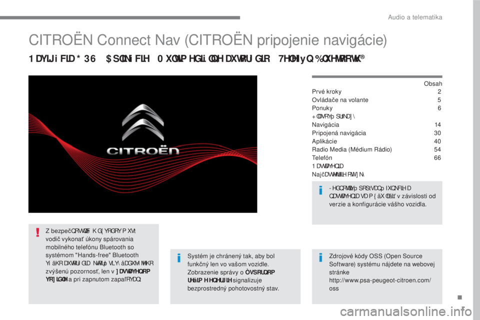 CITROEN C4 SPACETOURER 2018  Návod na použitie (in Slovak) 1
.
 
Audio a telematika 
       
CITROËN Connect Nav (CITROËN pripojenie navigácie) 
  1 DYLJ i FLD * 3 6    $ SOLNi FLH   0 XOWLP HGLi OQH DXWRUi GLR   7HOHI y Q % OXHWRRWK®  
  Obs