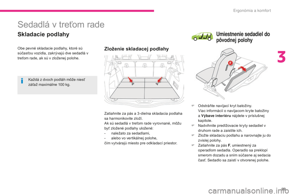 CITROEN C4 SPACETOURER 2018  Návod na použitie (in Slovak) 89
C4-Picasso-II_sk_Chap03_ergonomie-confort_ed02-2016
Sedadlá v treťom rade
Skladacie podlahy
Zloženie skladacej podlahy
F Odstráňte navíjací kryt batožiny. Viac informácií o navíjacom kry