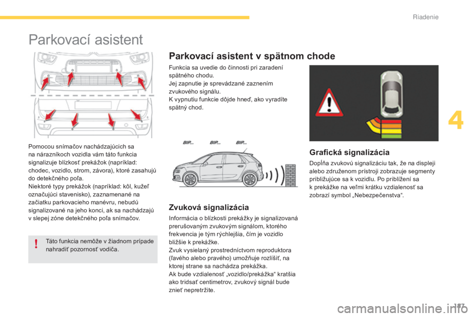 CITROEN C4 SPACETOURER 2016 Návod na použitie (in Slovak) 187
C4-Picasso-II_sk_Chap04_conduite_ed01-2016
Pomocou snímačov nachádzajúcich sa
na nárazníkoch vozidla vám táto funkcia
signalizuje blízkosť prekážok (napríklad:
chodec, vozidlo, str CITROEN C4 SPACETOURER 2016 Návod na použitie (in Slovak) 187
C4-Picasso-II_sk_Chap04_conduite_ed01-2016
Pomocou snímačov nachádzajúcich sa
na nárazníkoch vozidla vám táto funkcia
signalizuje blízkosť prekážok (napríklad:
chodec, vozidlo, str