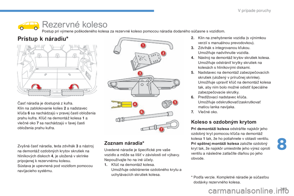 CITROEN C4 SPACETOURER 2016 Návod na použitie (in Slovak) 293
C4-Picasso-II_sk_Chap08_en-cas-panne_ed01-2016
Rezervné kolesoPostup pri výmene poškodeného kolesa za rezervné koleso pomocou náradia dodaného súčasne s vozidlom.
Časť náradia je dostu CITROEN C4 SPACETOURER 2016 Návod na použitie (in Slovak) 293
C4-Picasso-II_sk_Chap08_en-cas-panne_ed01-2016
Rezervné kolesoPostup pri výmene poškodeného kolesa za rezervné koleso pomocou náradia dodaného súčasne s vozidlom.
Časť náradia je dostu