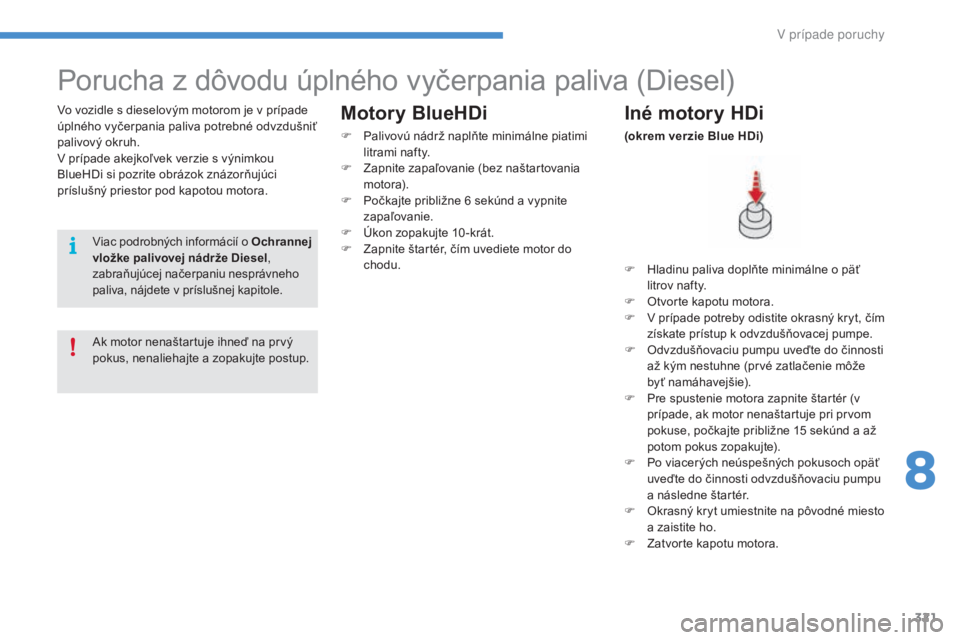 CITROEN C4 SPACETOURER 2016 Návod na použitie (in Slovak) 321
C4-Picasso-II_sk_Chap08_en-cas-panne_ed01-2016
Porucha z dôvodu úplného vyčerpania paliva (Diesel)
Vo vozidle s dieselovým motorom je v prípade
úplného vyčerpania paliva potrebné odvzdu CITROEN C4 SPACETOURER 2016 Návod na použitie (in Slovak) 321
C4-Picasso-II_sk_Chap08_en-cas-panne_ed01-2016
Porucha z dôvodu úplného vyčerpania paliva (Diesel)
Vo vozidle s dieselovým motorom je v prípade
úplného vyčerpania paliva potrebné odvzdu